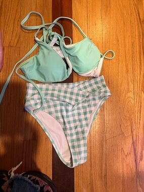 High-Waist Mint Gingham Bikini Set - Women